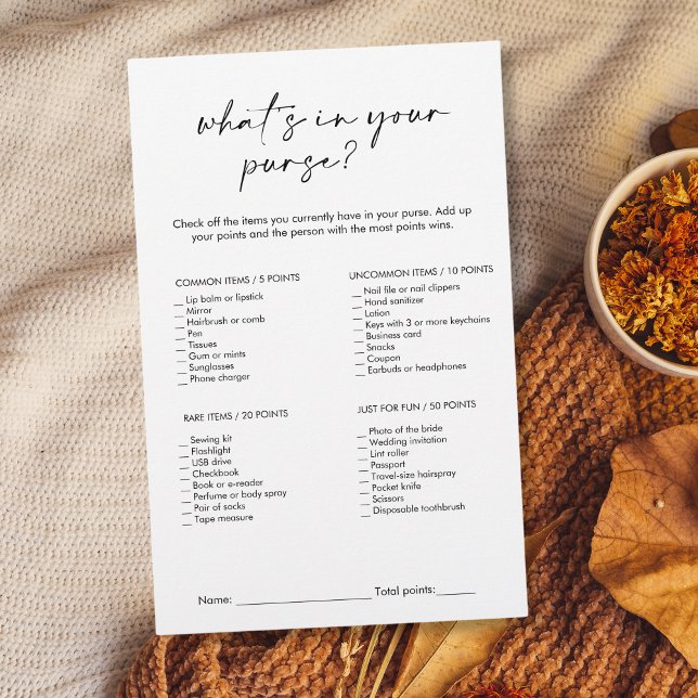 Moderno O que há no seu jogo de Chás de panela (modern minimalist black and white "what's in your purse?" bridal shower game)