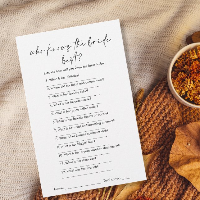 Moderno que conhece o melhor jogo de Chá de panela (modern minimalist black and white "who knows the bride best" bridal shower game)