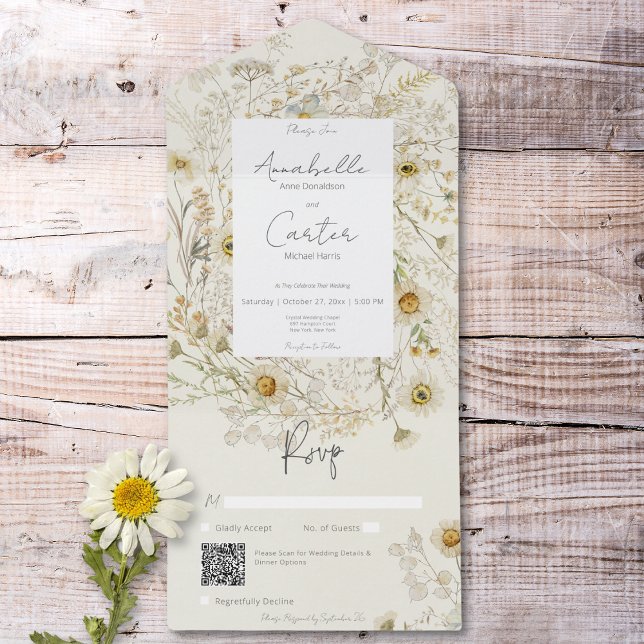 Moderno Russo Disias Secas Floral Código QR (Modern Rustic Dried Daisies Floral QR Code All In One Invitation)