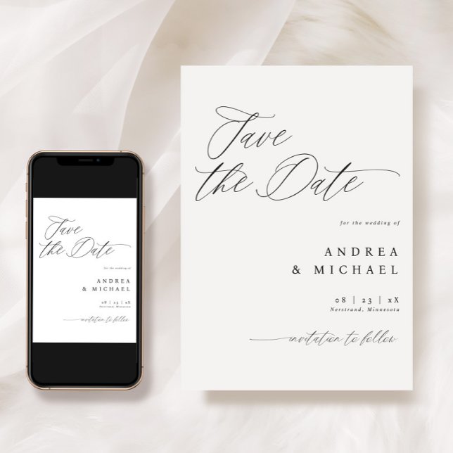 Moderno Salve o Elegante do Cartão de Data Românti (Modern Save the Date Cards - Romantic Calligraphy Wedding - Black and White - Downloadable)