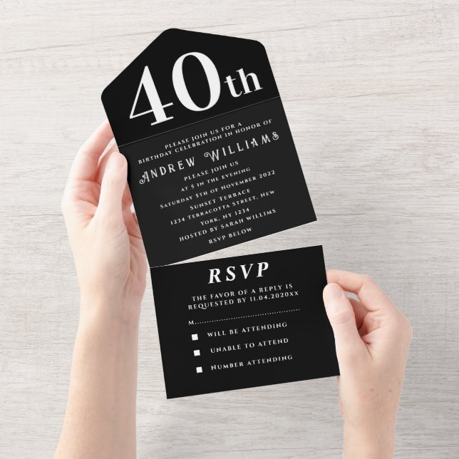 Moderno Simples Branco Preto do aniversário de 40  (Aba destacável)