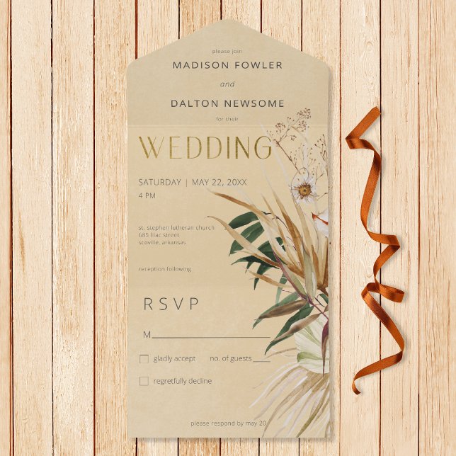 Moderno Tan Boho Seco Buquê Floral Sem Janto (Also available with a QR code or with dinner selection options.)