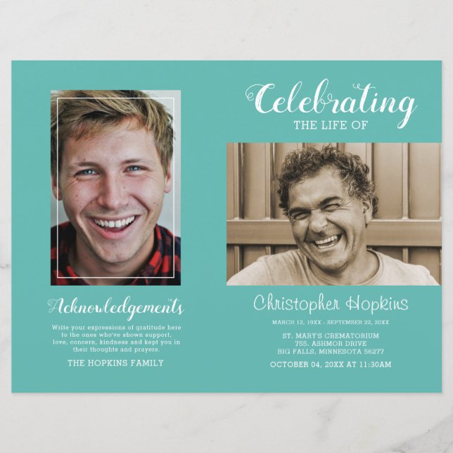 Moderno Teal Photo Memorial Funeral (Frente)