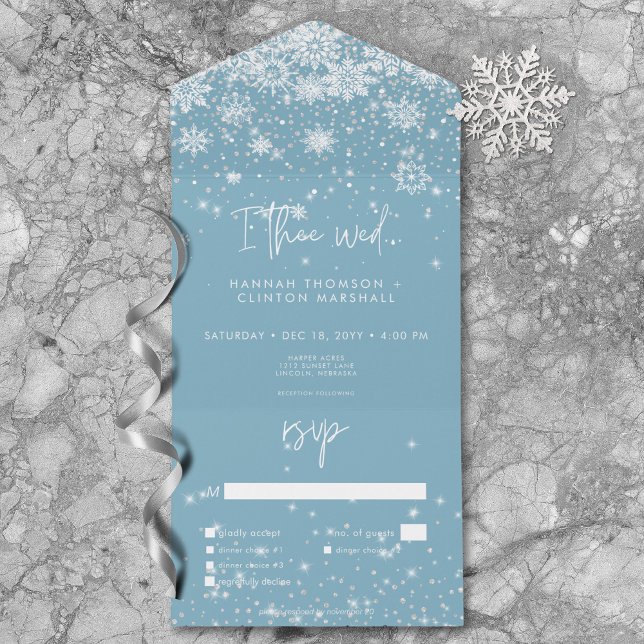Moderno White Sparkle Snowflakes Janto Azul (Modern White Sparkle Snowflakes Blue Dinner All In One Invitation)