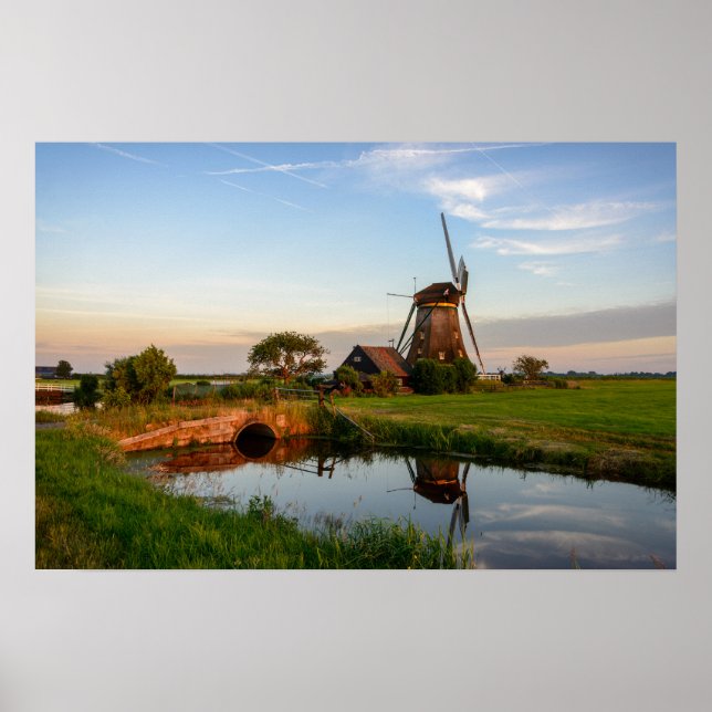 Moinho de vento no campo na Holanda, grande poster (Frente)