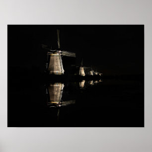 Moinhos de vento iluminados, Kinderdijk, à poster 