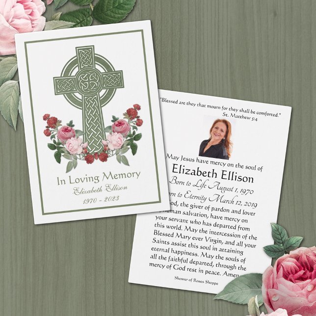 Moiss Green Celtic Cross Funeral Memorial Prayer (Traditional Catholic Irish Celtic Cross with roses funeral prayer card)