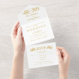 Moldura floral de ouro, iniciais casamento branco