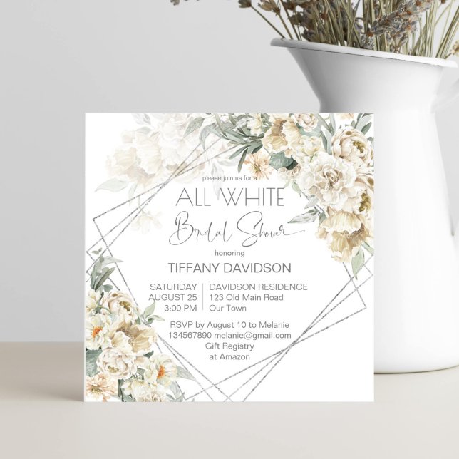 Moldura prateada com tema branco chá de panela flo (White themed bridal shower floral invitation template silver geometrical frame white flowers)