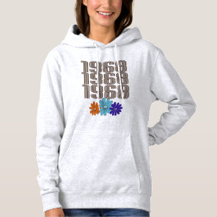 Moletom 1968 Hippie Peace Sign Flowers Orange Aqua Purple
