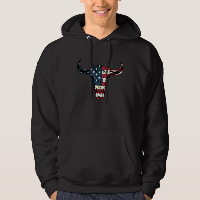 Moletom 4Th of July American Flag Cow Skull Men Women Boys (Frente)