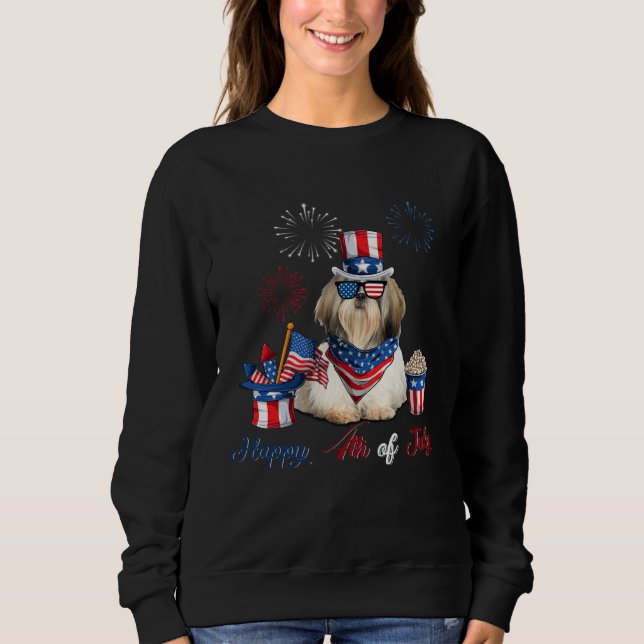 Moletom 4th of July Cute American Flag  Shih Tzu Dog Firew (Frente)