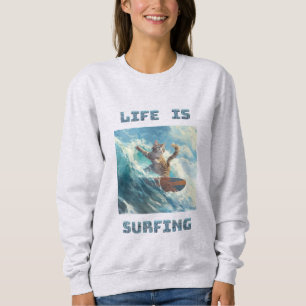 Moletom A Vida É Surfar para amantes de surf e gatos