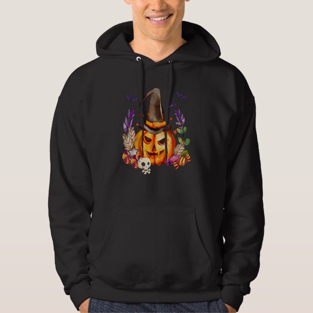 Moletom Abóbora Com Caveira Chapéu De Bruxa E Morcegos Hal (Frente)