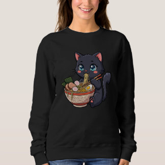 Moletom Adorable Black Cat Eating Ramen Kawaii Design Boys