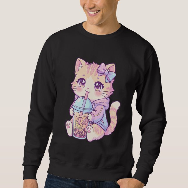 Moletom Adorable Pastel Tabby Cat Drinking Boba Art Kawaii (Frente)