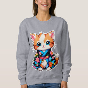 Moletom Adorável Kawaii Gatinho em Quimono Floral Colorido