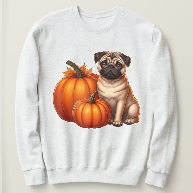 Moletom Adorável Pug Sentado ao Lado de Abóboras com Outon (Frente do Design)