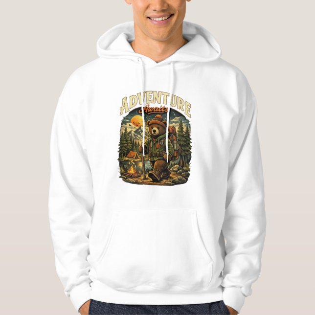 Moletom Adventure Awaits Vintage Bear Hiking White Hoodie (Frente)