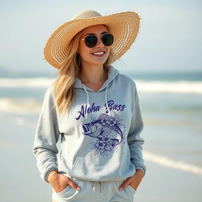 Moletom Aloha Bass Hawaiian Tropical Flowers- Pescador- (Aloha Bass Hawaiian Tropical Flowers, Fisherman Core, Summer Hoodie, Beach Hoodie, Blue)