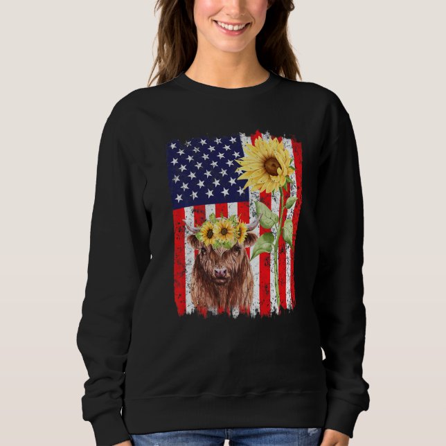 Moletom American Flag Farm Cow Sunflower Farming Highland (Frente)