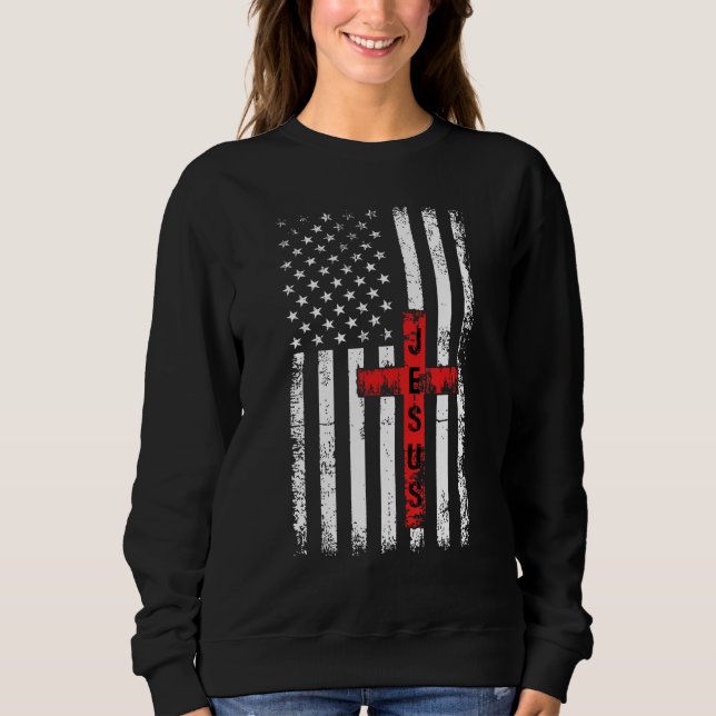 Moletom American USA Flag Christian Cross Jesus 4th Of Jul (Frente)