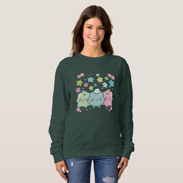 Moletom Amigos Fofos Kawaii e Macios Verde Floresta Profun (Frente Completa)