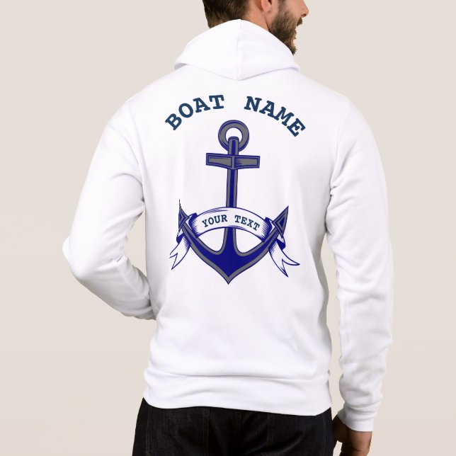 Moletom Âncora Personalizada, Zip Branco Azul Náutico (Verso)