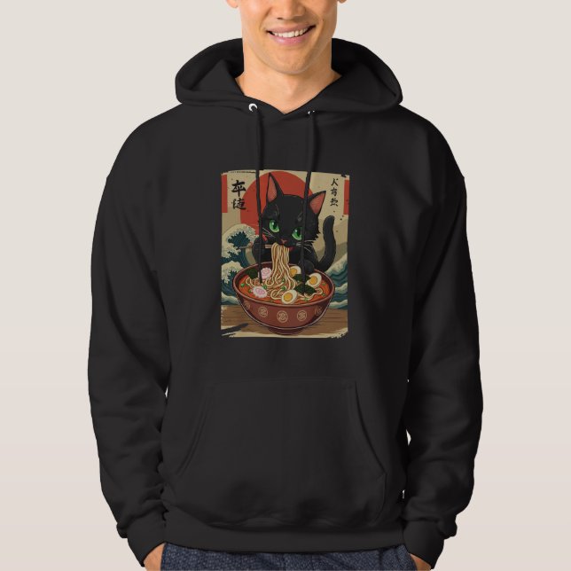 Moletom Anime Cat Eating Ramen Japanese Art Graphic Cat Cu (Frente)