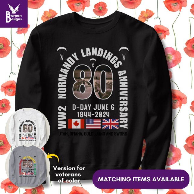 Moletom Aniversário do 80 WW2 dos DESEMBARQUES NORMANDY NO (Souvenir 80th Anniversary sweatshirt for D-Day Landings. Ideal gift for veterans. Also in white.)