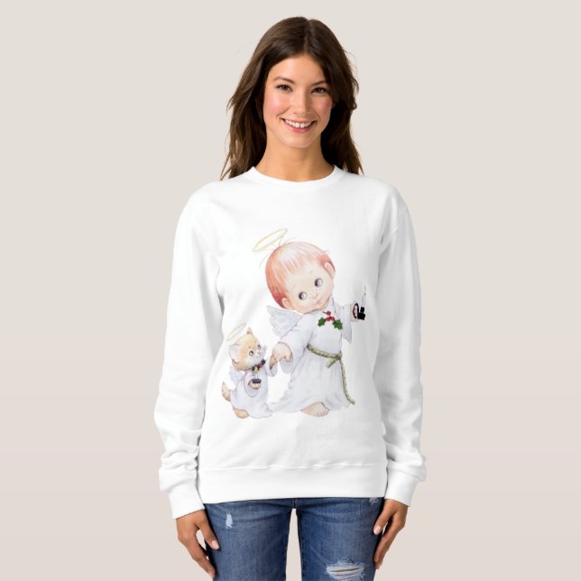 Moletom Anjo bonito e gato do bebê do Natal (Frente Completa)