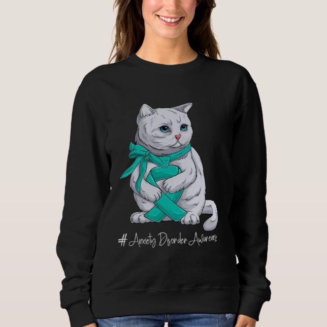 Moletom Anxiety Disorder Awareness Month Teal Ribbon Cat (Frente)