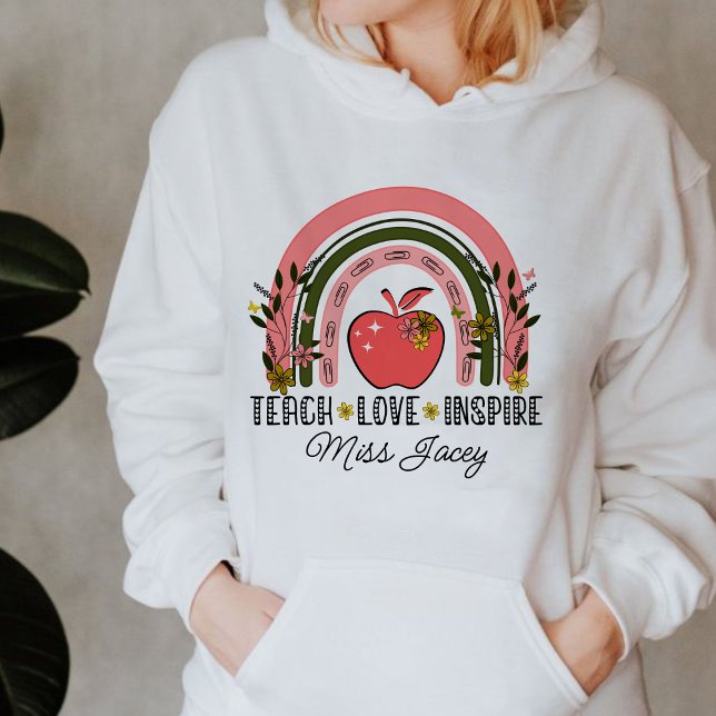 Moletom Apreciação do Professor Arco-Íris de Ensino ao Viv (TEACH LOVE INSPIRE RAINBOW Personalized Name Teacher hoodie, teacher gift,teacher appreciation gifts)