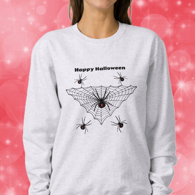 Moletom Aranhas de Viúva Negra do Halloween em Vidro Verme (Creepy black widow spiders red hourglass mark in black triangular web on Halloween sweatshirt.)