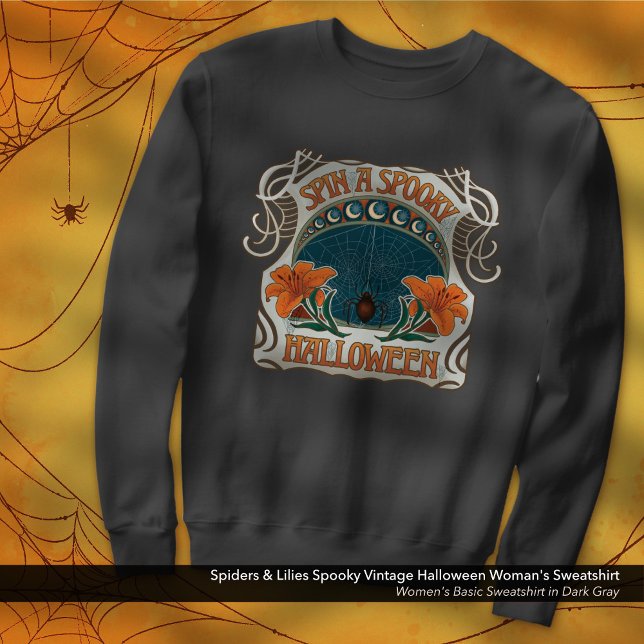 Moletom Aranhas e lírios assustam a mulher do Halloween Vi (Spiders & Lilies Spooky Halloween Vintage Woman's Sweatshirt: Shown in Dark Gray)