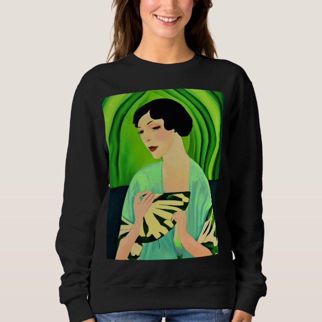 Moletom Art Deco Lady with a Fan Green (Frente)