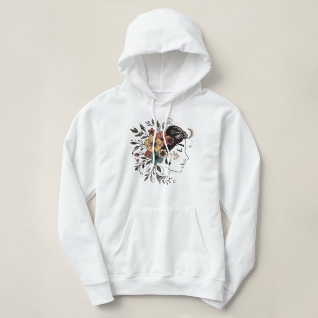 Moletom Arte linear de rosto de menina floral (Frente do Design)