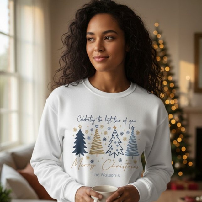 Moletom Árvores de Natal Elegantes Azul Dourado Feliz Nata (Criador carregado)