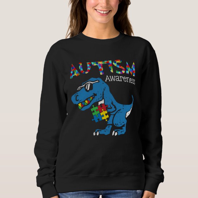 Moletom Autism Awareness Dinosaur rex  In April We Wear Bl (Frente)