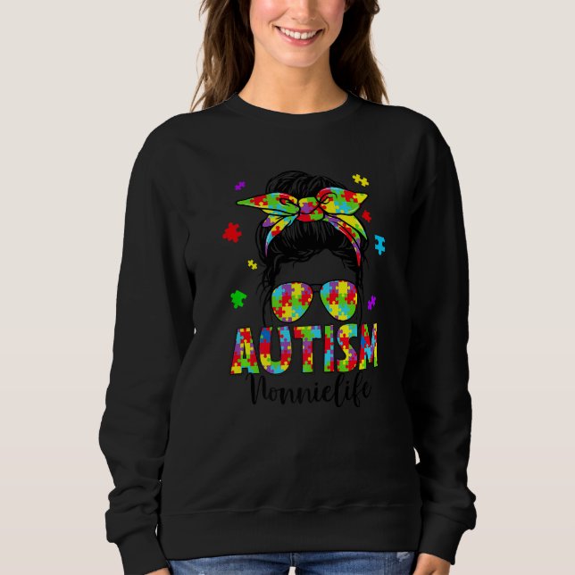 Moletom Autismo Nonnie Messy Bun Quebra-cabeça Sunglass Mo (Frente)