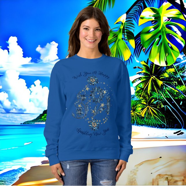 Moletom Azul Espumante de Ano Novo Estrelas Brilhantes (Blue Sparkling New Year Glitter Cheer Stars Floral Sweatshirt)