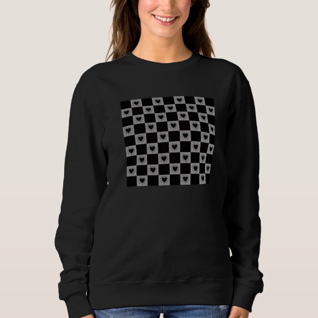 Moletom Azulejo Xadrez Preto e Cinza Com Padrão de Coraçõe (Frente)