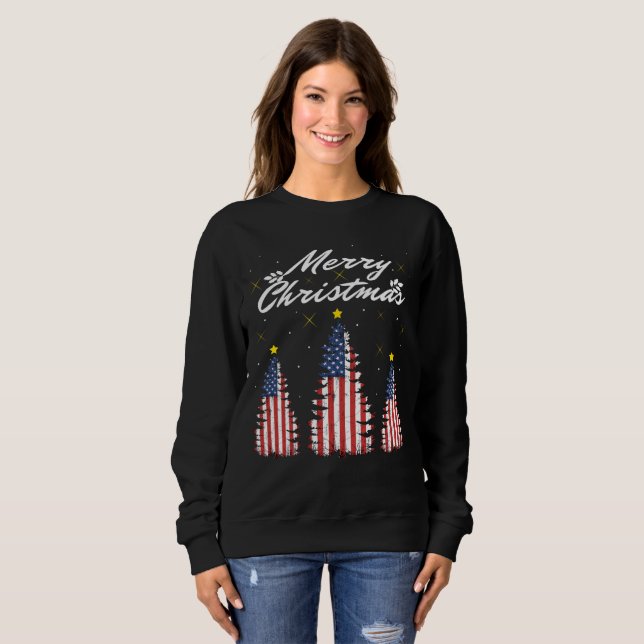 Moletom Bandeira Americana da Árvore Feliz de Natal (Frente Completa)