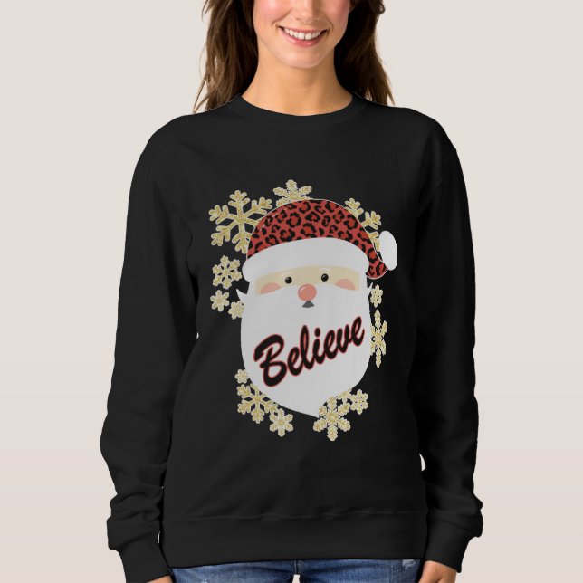 Moletom Believe Christmas Santa Hat Leopard Snowflake Grap (Frente)