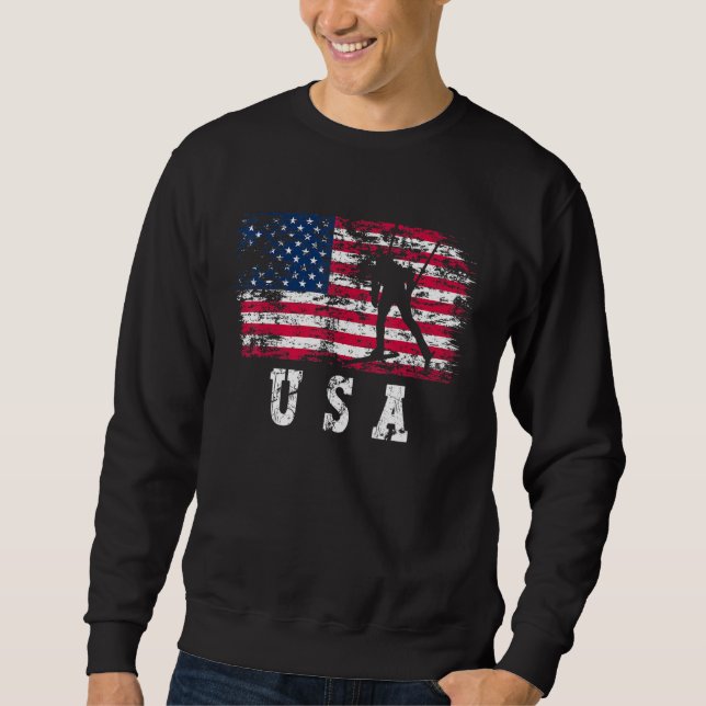 Moletom Biathlon Skiing USA American Flag Winter Sports Bi (Frente)