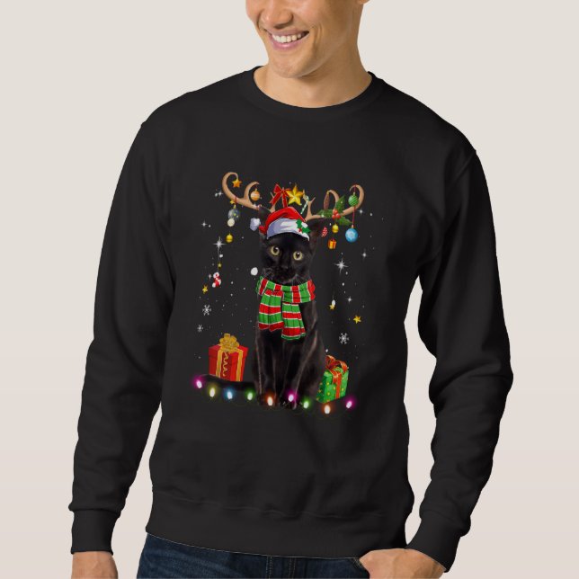 Moletom Black Cat Reindder Santa Hat Luzes de Árvore de Na (Frente)