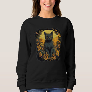Moletom black yellow cat portrait with wild flowers and mo