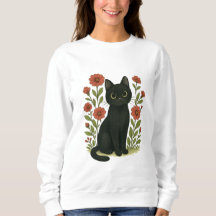 Blusa de mulher com gato preto fofo e jardim de fl