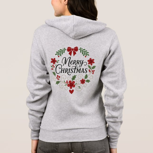 Moletom Blusão com Zíper de Grinalda Floral Feliz Natal (Verso)
