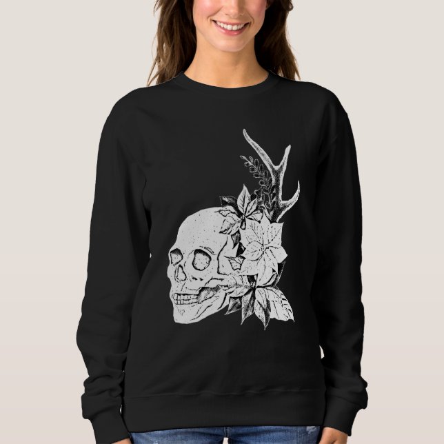 Moletom Boho Halloween Caveira Flores Oculto Arte Sombrio  (Frente)